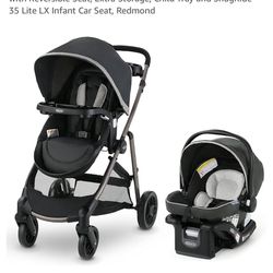 Baby stroller and seat.