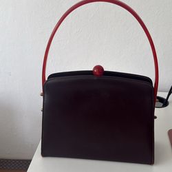 Brown Leather Bag With Red Top Handle Vintage 