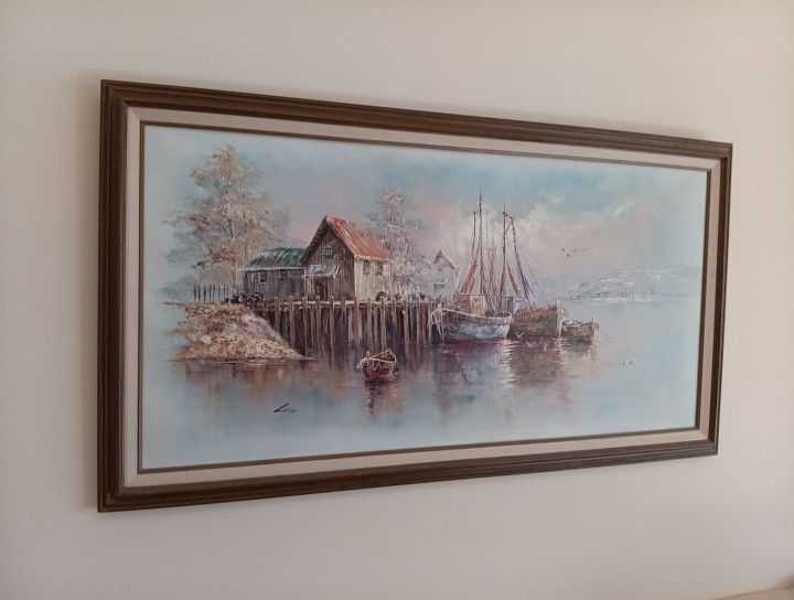 Orginal Framed Oil Painting Of New England Fishing Harbor By John Luini