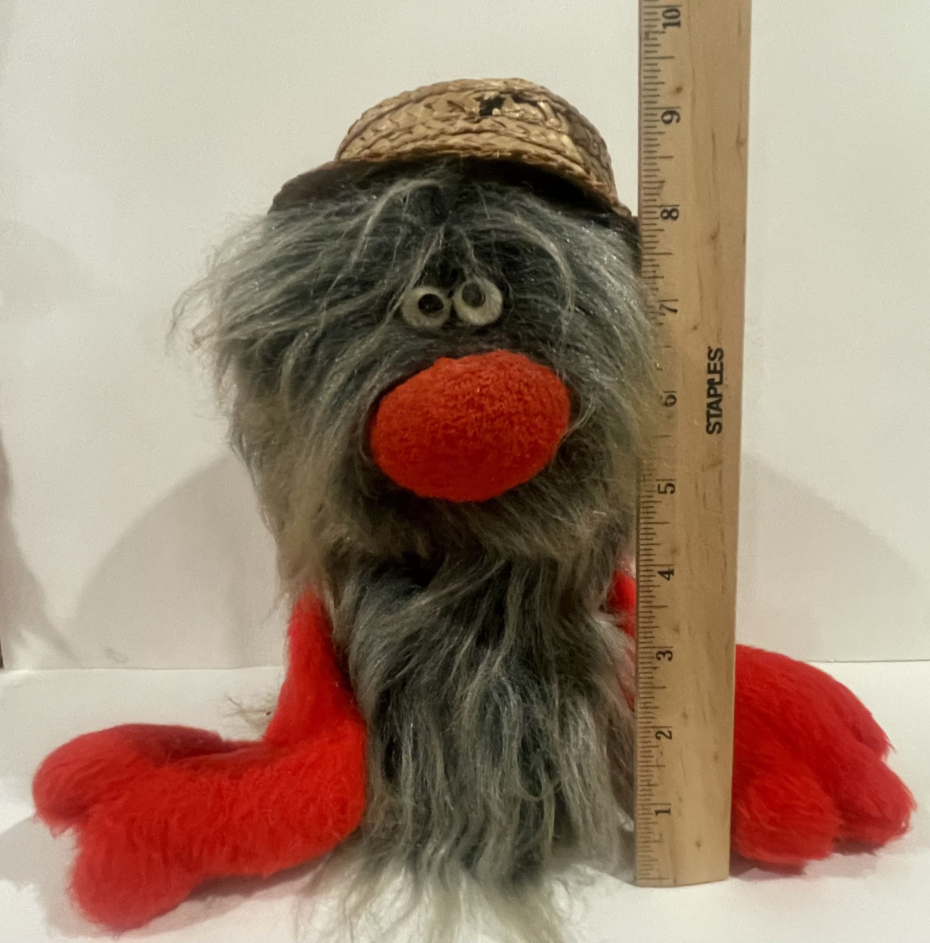 VTG 1972 The Puppet Factory Hand Puppet Furry Red Big Nose Straw Hat Googly Eyes
