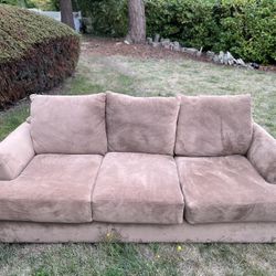 Super Plush 3 piece Tan Microfiber Couch + Loveseat + XL Chair — Deep Seats, Super Comfy!