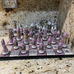 Vintage Ceramic Medieval Purple, White & Gold Hand Painted Complete Chess Set 