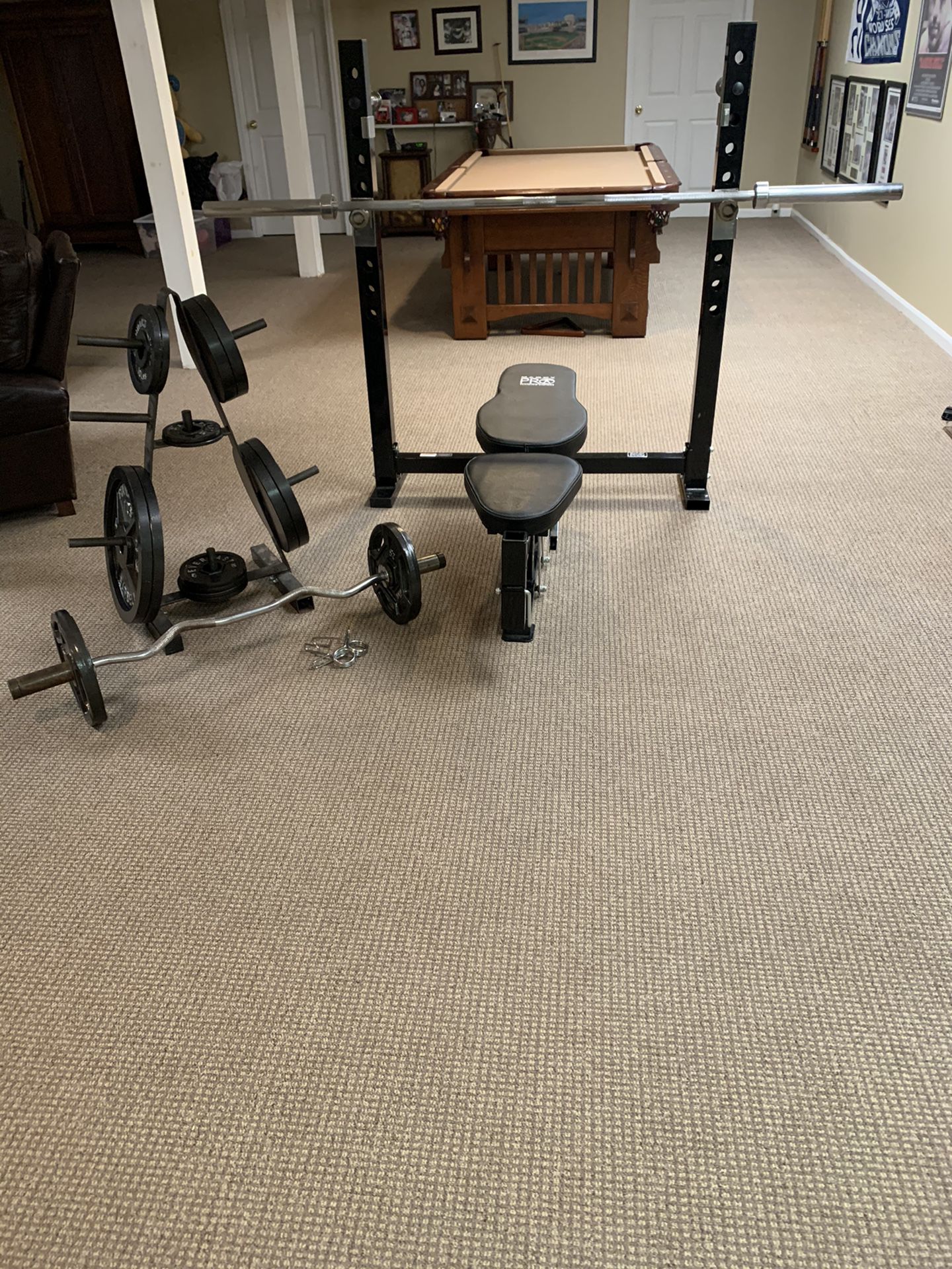 Weight bench, squat rack, weight plates, barbell