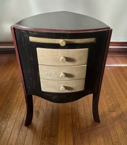 Triangular Black and Cream Nightstand 3 Storage Drawers and Pull Out Tray - 18 ½x18x28
