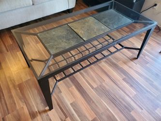 Metal and Glass Coffee Table with Stone Tile Inlay