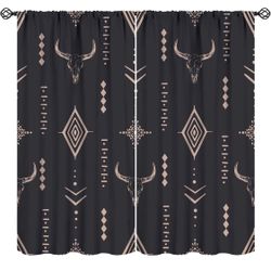 Western Curtains Bull Skull Boho Aesthetic Aztec Art Print for Bedroom Living Room Kitchen Decor Rod Pocket Blackout Window Drape 42x54in
