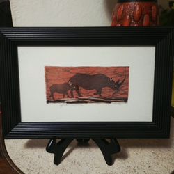1990 Beautiful Real Painting on Batik Cloth Rhinoceros Framed