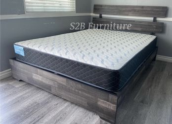 Queen Grey Aticus Platform Bed With Ortho Mattress Included!!
