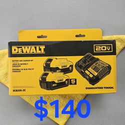 $140 Dewalt 20-Volt 5.0ah Battery Set (one Charger + two Batteries)