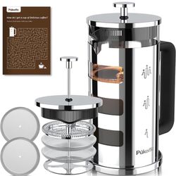 Pukomc French Press Coffee Tea Maker 34 oz, 304 Stainless Steel Glass coffee press with 4 Filters, No Grounds, Removable Heat Resistant Borosilicate G