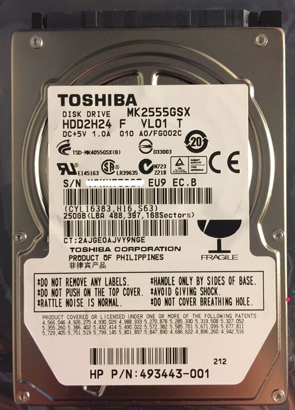 Toshiba 250GB SATA 2.5" Laptop Hard Drive - Used