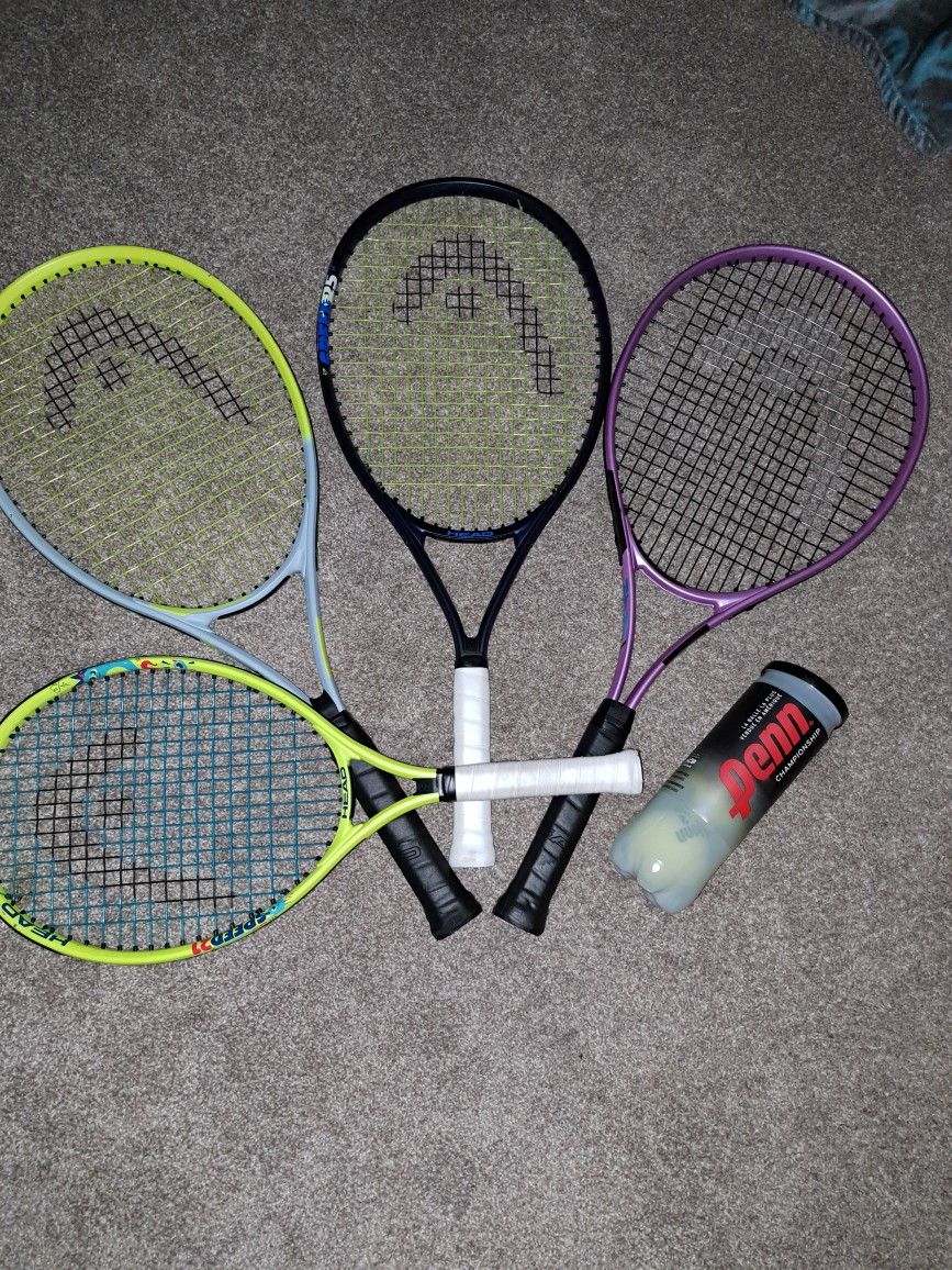 Set Of 4 Tennis Rackets and Tennis Balls