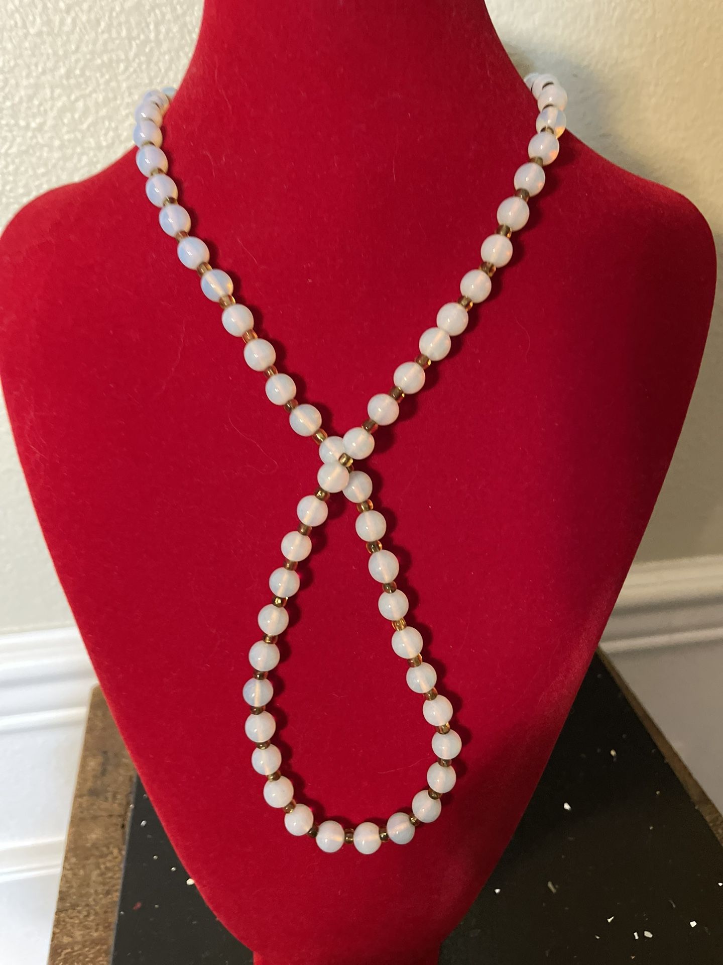 Vintage Opal Moonstone Beaded Necklace 27”