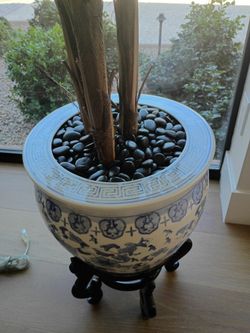 Blue White Ceramic Fish Bowl Planter W/Stand