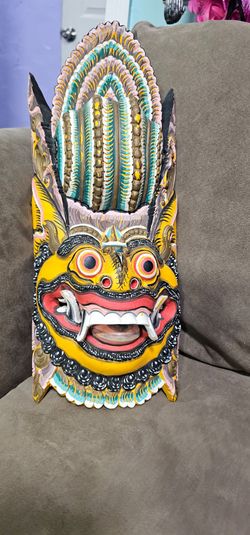 Vintage Barong Ket Hand Carved Wood Mask Balinese Dance Ritual Wall Decor 15x6.5