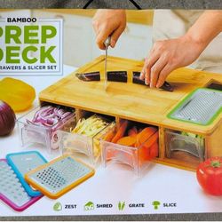 Brand new Bamboo Prep Deck W/ Drawers & Slicer, Grater, Shredder Set 