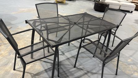 Metal Outdoor Table and Chairs Sets, Patio Dining Table Set for 4, 51" Dining Table with Umbrella Hole Rectangle Table and 4 Stackable Chairs, Patio F