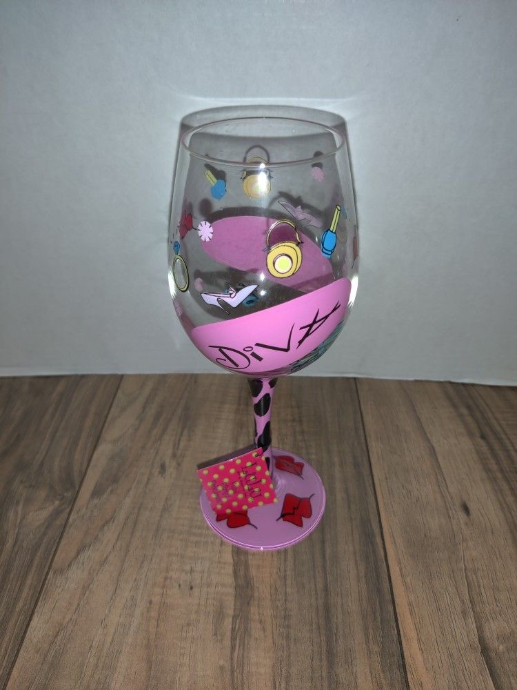Lulu By 2 Saints Hand Painted Diva Pink And Black Wine Glass