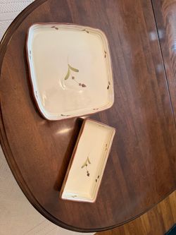 Pair of Crate & Barrel Provence Rustic Olive Branch terracotta 12.5 sq $20 6x12 $10 $25/both Smoke and pet free household