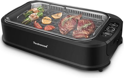 Indoor Grill, Techwood 1500W Smokeless Electric Grill with Tempered Glass Lid, Compact & Portable Non-Stick BBQ Grill with 6-Level Control, Dishwasher