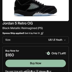 Jordan 5 Retro OG "Black Metallic Reimagined" (Size 1.5y) Excellent Condition