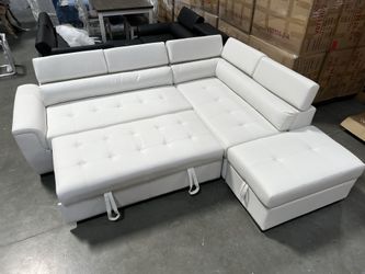 New! Contemporary White Sectional, White Faux Leather Sofa, L-Shaped Sofa With Pull-out Bed, Sofabed, Sectional Sofa Bed, White Couch, Leatherette Sof