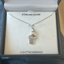 New In Box Diamond Sterling Silver Basketball Necklace 