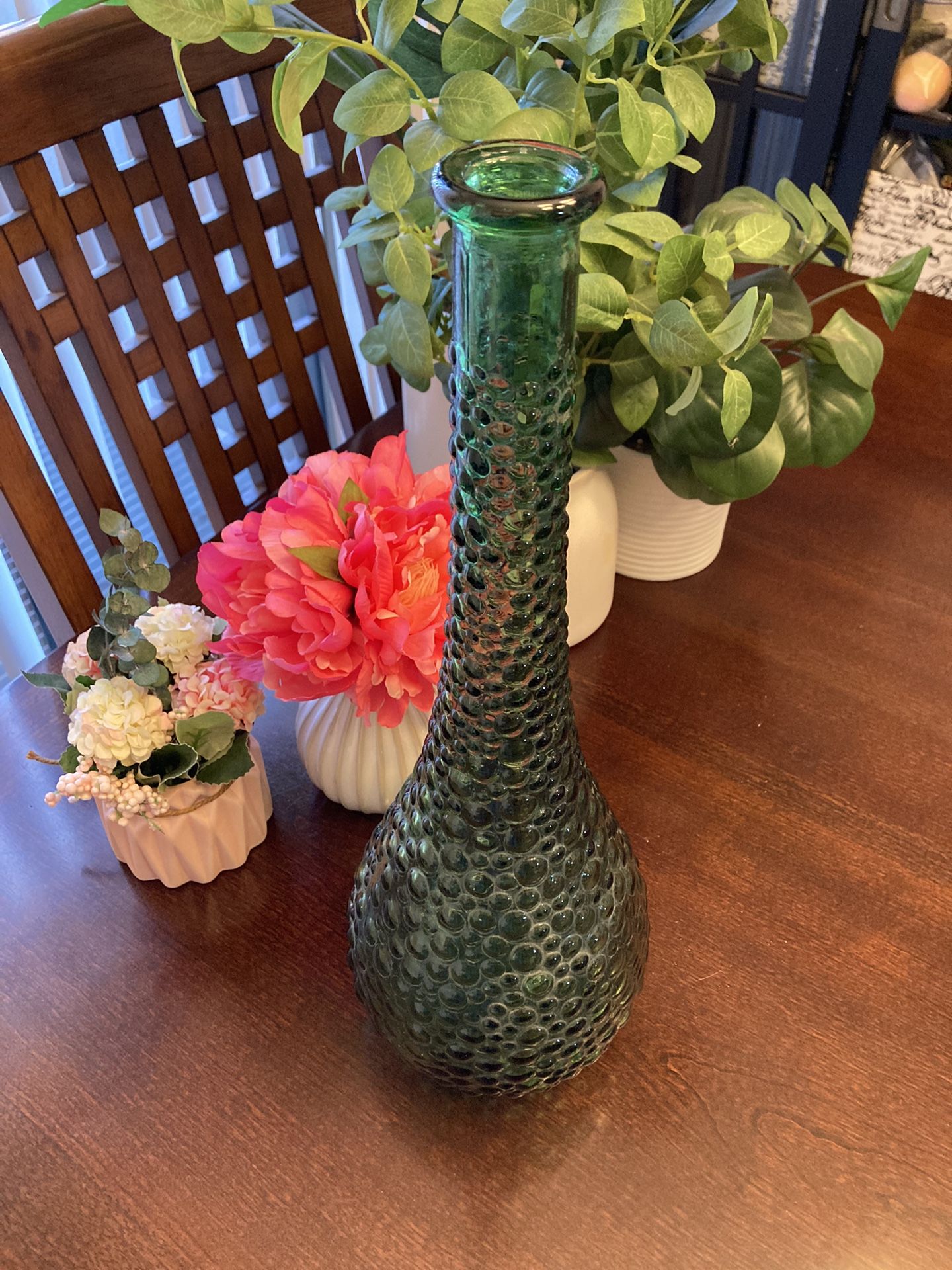 Hobnail Glass 15” Vintage Bubble Bottle Empoli Green