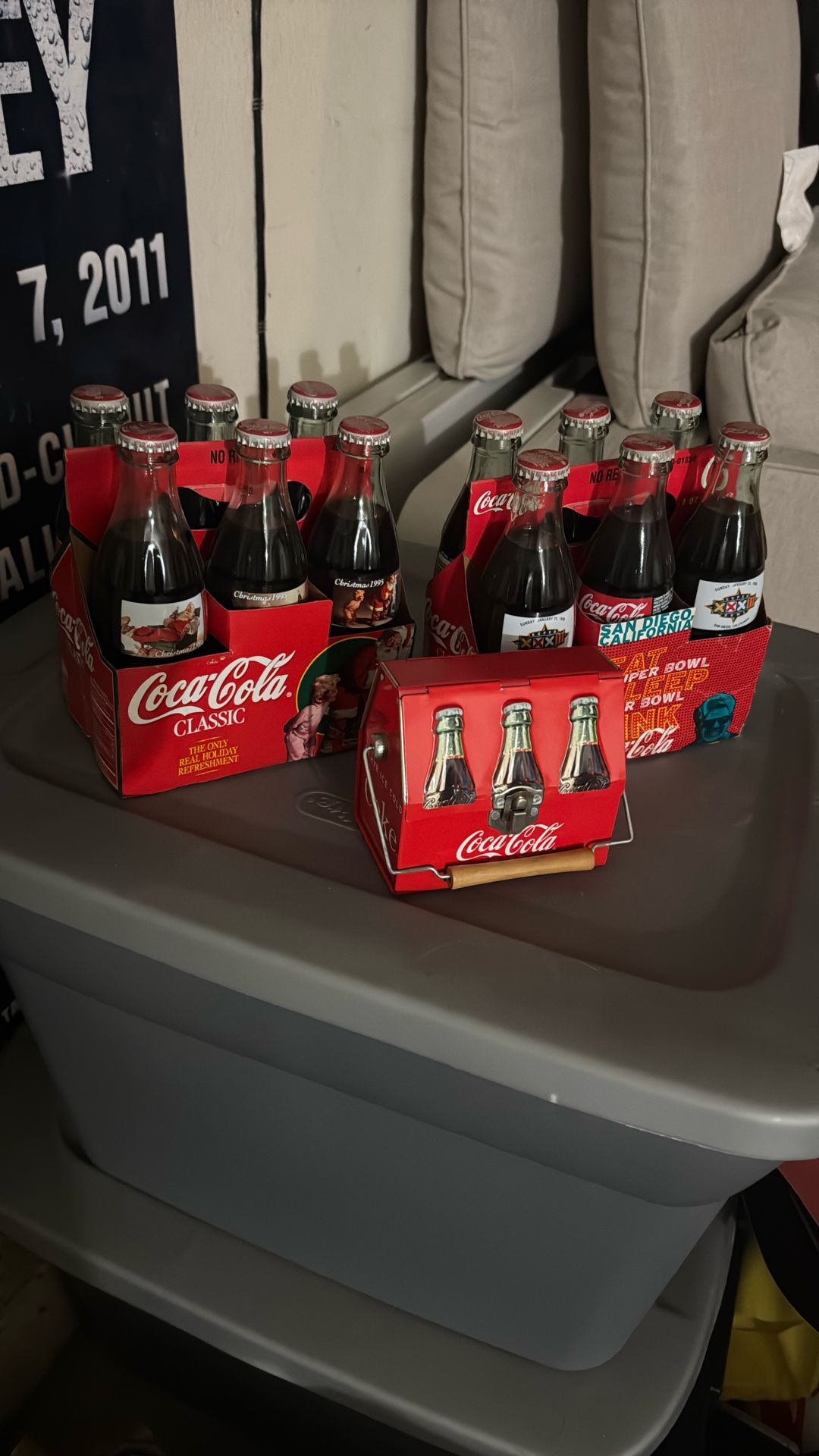 Old Christmas And Superbowl Coca Cola Bottles (1995 And 1998)