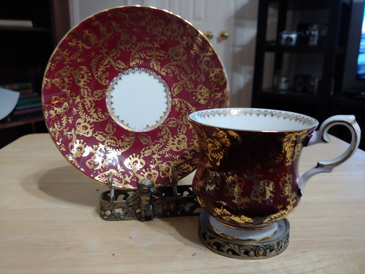 Antique Teacup and Saucer Fine Bone China with Ornate Stand