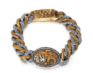 925 Sterling Silver Men's Yellow White Tank Curb Link Bracelet