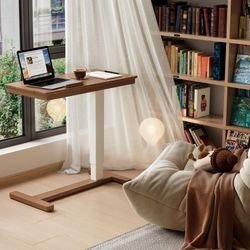 Solid Wood Overbed Bedside Table with Wheels,Adjustable Height Bed Side Table,Hospital Bed Table,Bed Table for Hospital and Home Use,Rolling Table,Cou