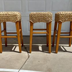 3 Modern Seagrass Stools, Handwoven Natural Fiber Seats, Solid Beech Frames.