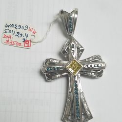 14k White Gold  Cross With Teal Blue Green And Yellow Diamonds 