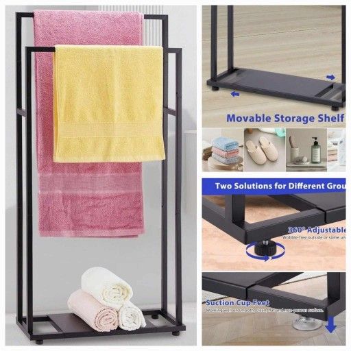NEW Towel Racks for Bathroom, 39'' Tall 2 Tier Bathroom Towel Rack Stand with Storage Shelves, Modern Standing Pool Towel Drying Rack for Outdoor