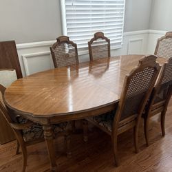 Vintage Oak Dining Set - Cane Back Chairs + Table Pads + Leaves - 6 Chairs