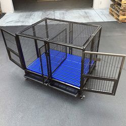 $190 (New in box) Folding heavy duty dog cage 41x31x34” double-door stackable kennel w/ divider, plastic tray