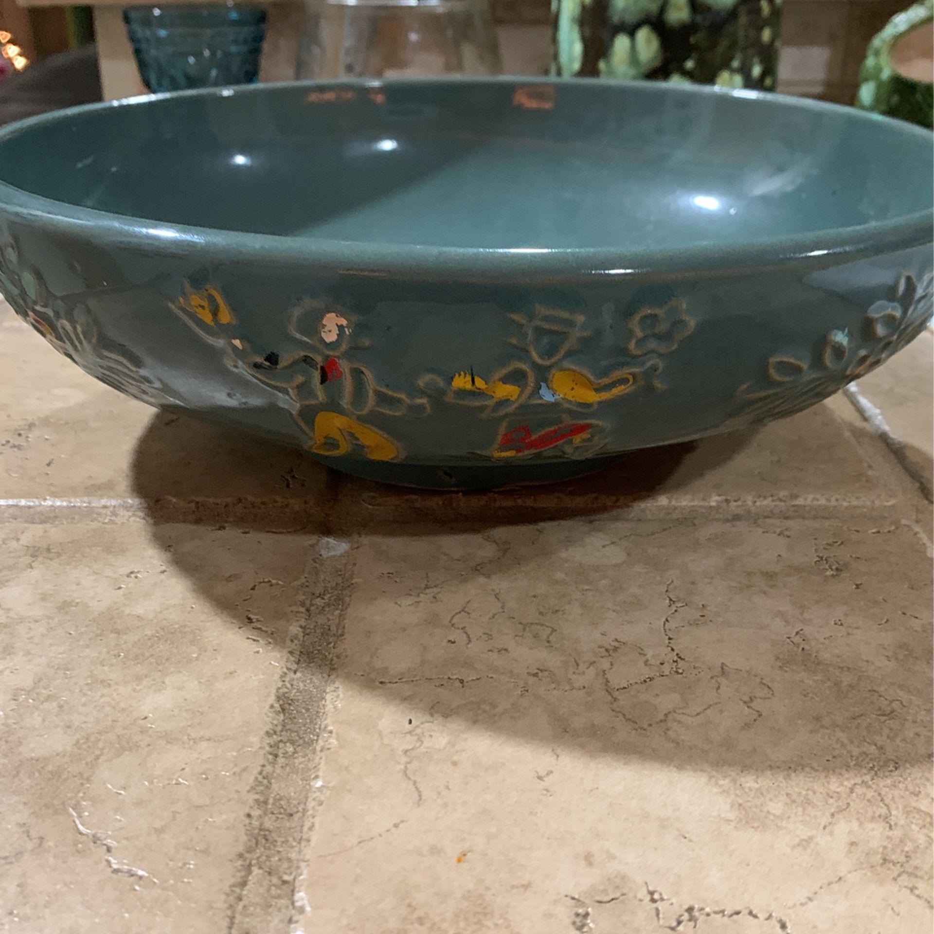 Vintage Red Wing Pottery USA Dancing Peasants Large Green Decorative Ceramic Round Bowl