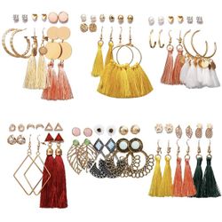 Earrings for Women Girls, Boho Statement Tassel Earrings Ethnic Hoop Silver Drop Dangle Earrings Set