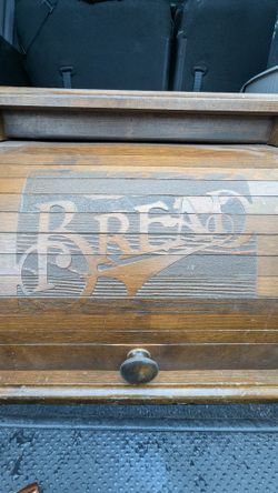 Antique Solid Wood Roll-Top Bread Box — “BREAD” Carved
