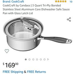 $170+tax on Amazon, CookCraft by Candace | 3 Quart Tri-Ply Bonded Stainless Steel Aluminum Core Dishwasher Safe Sauce Pan with Glass Latch Lid