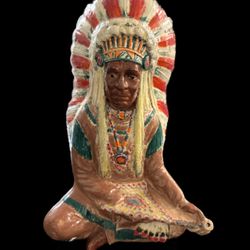 Native American Indian Chief Pipe Statue 12” Ceramic Vintage