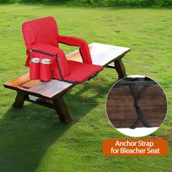 Red and Blue Padded Bleacher Seat with Armrests and Cup Holders
