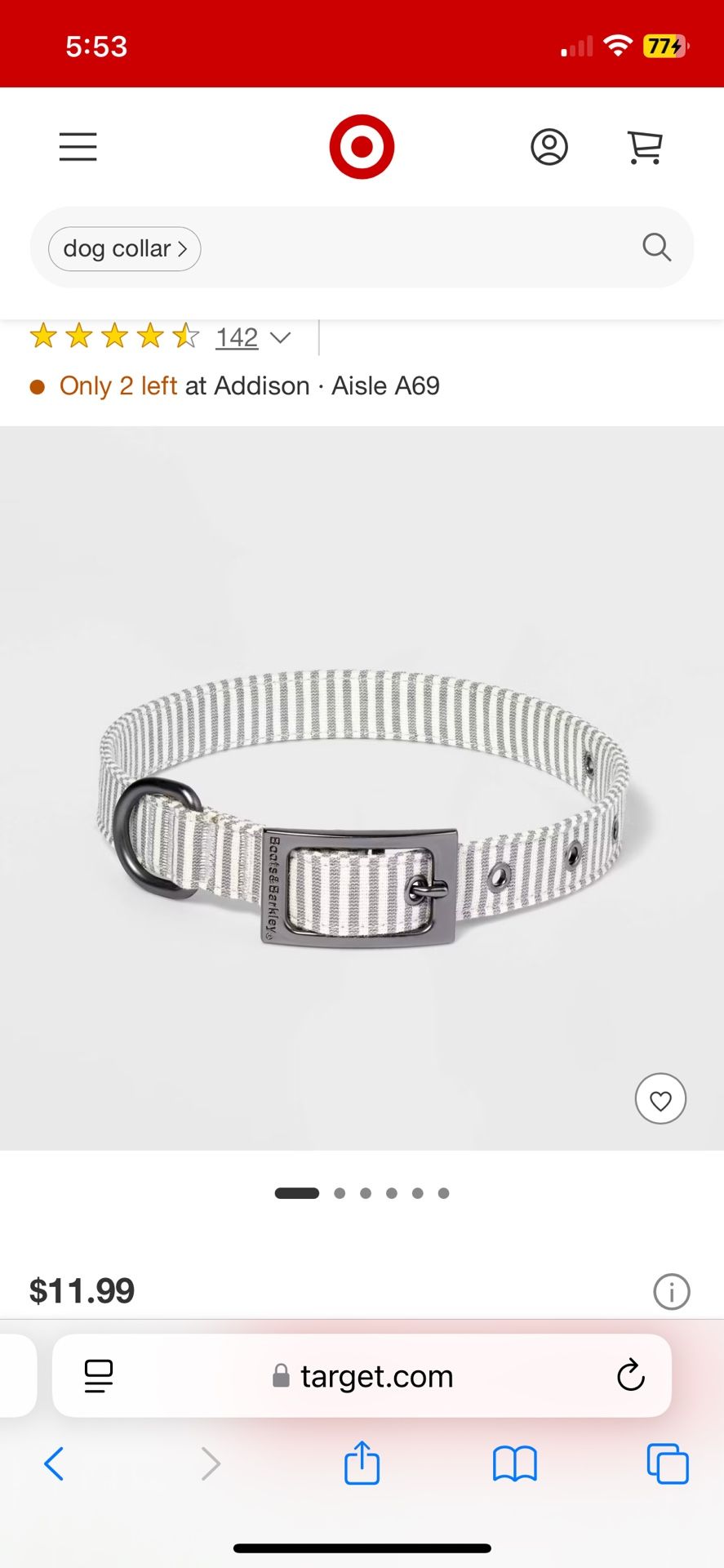 Striped Dog Collar Medium New