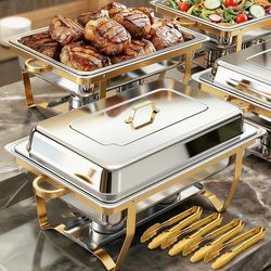 ALSO GO Chafing Dish Buffet Set, 9QT 4 Pack Gold Chafing Dishes for Buffet with 4 Serving Tongs, Buffet Set Full Size Large Serving Chafing Dishes, Wa