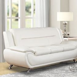 Modern Style White Leather Three Person Sofa Couch 