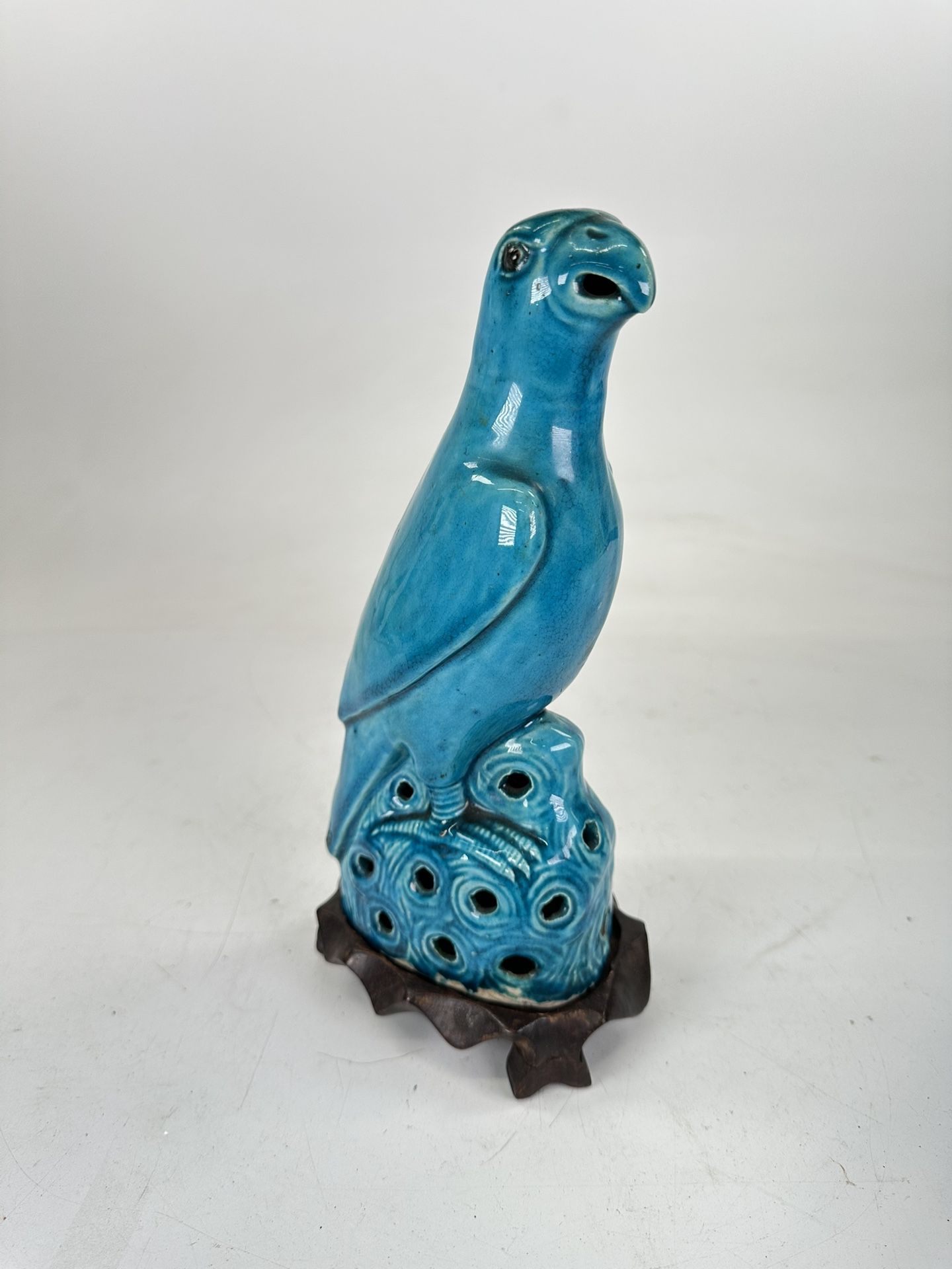 Antique 19th Century Chinese Export Turquoise Glazed Figure of Parrot 11”