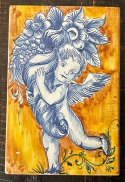 Vintage Portuguese Hand-Painted Ceramic Tile Plaque – Cherub/Putto