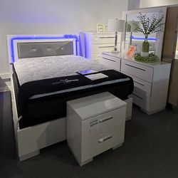 White Queen Bed, Dresser, Mirror And One Nightstand
