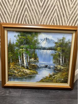 Vintage original oil painting framed and signed landscape,waterfalls,mountains
